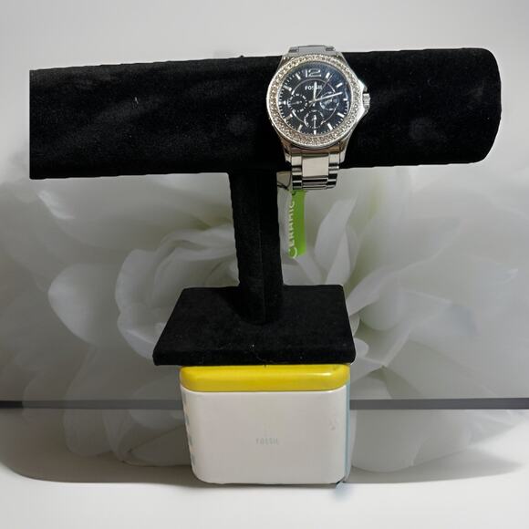 Fossil Riley Chrome Ceramic & CRYSTAL BEZEL WATCH CE1067 NEW with/Tin